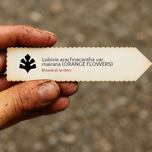 Printed plant label for Lobivia arachnacantha var. mairana held by dirty hand outdoors