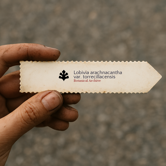 Printed plant label for Lobivia arachnacantha var. torrecillacensis held by hand