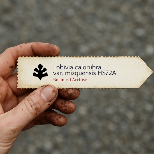 Printed plant label for Lobivia calorubra var. mizquensis HS72A held by dirty hand