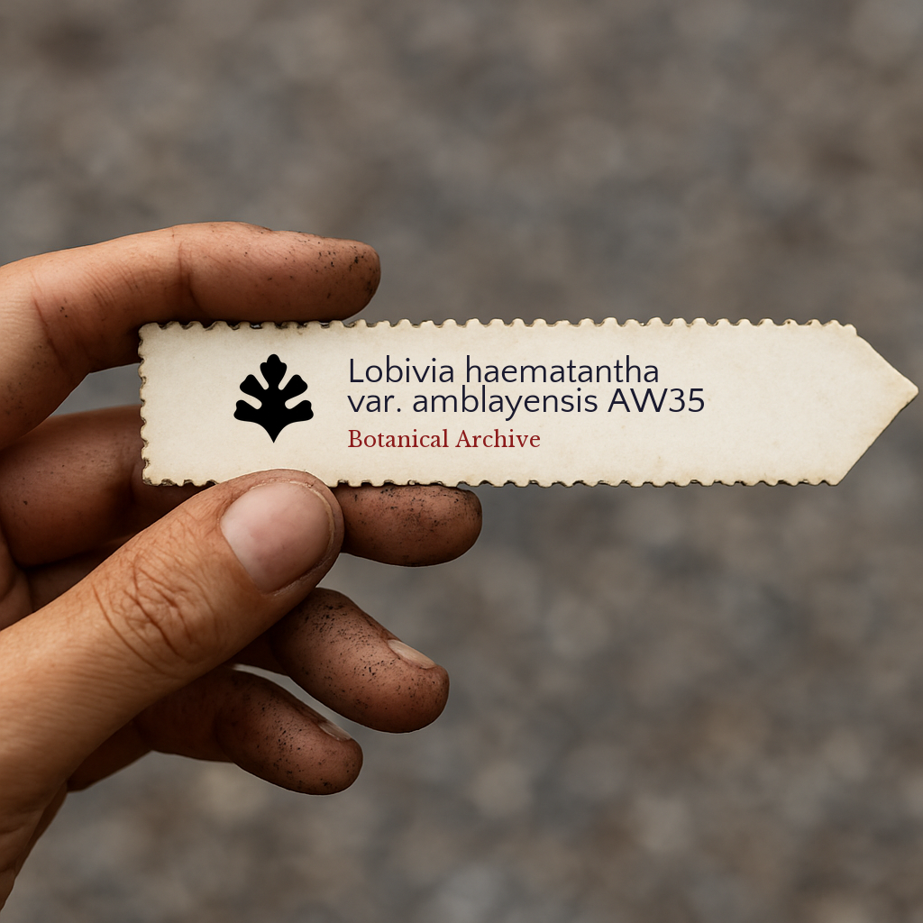Printed plant label for Lobivia haematantha var. amblayensis held by dirty hand