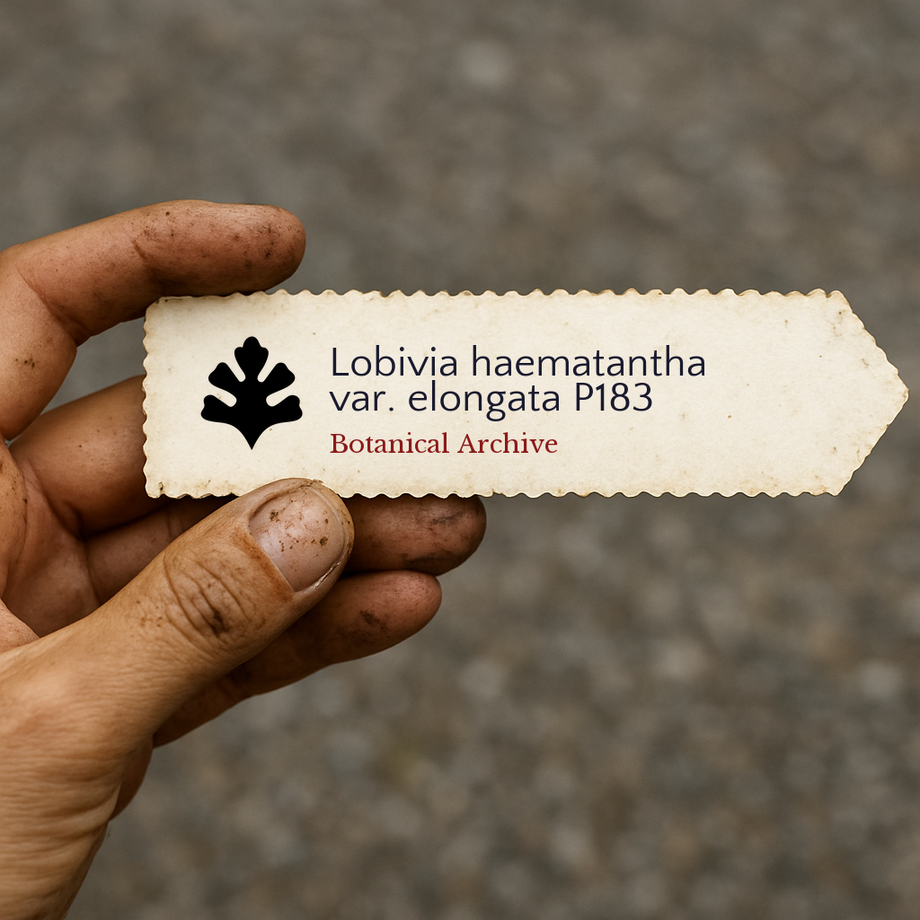 Printed plant label for Lobivia haematantha var. elongata P183 held in hand with dirt background