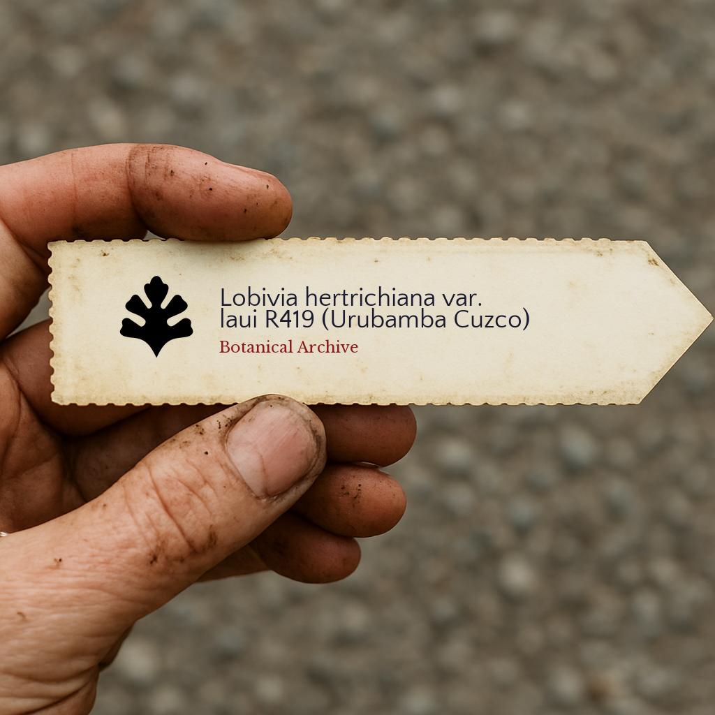 Etiqueta impresa para planta de Lobivia hertrichiana var. laui R419 sostenida por una mano sucia