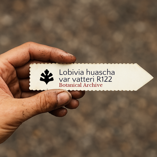 Bedrucktes Pflanzenetikett für Lobivia huascha var vatteri R122, gehalten von schmutziger Hand im Freien