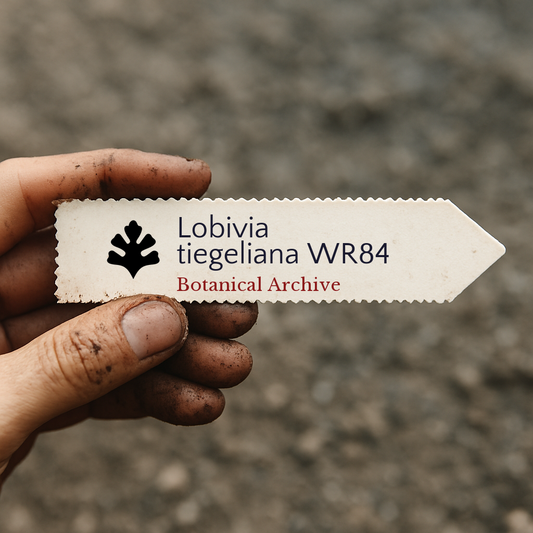 Plant label for Lobivia tiegeliana WR84 held by dirty hand outdoors