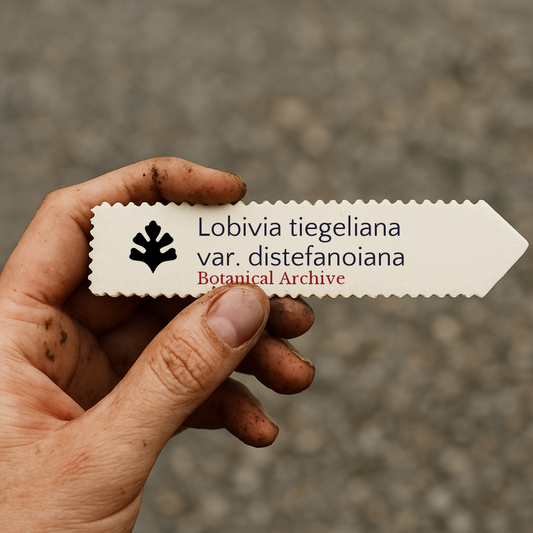 Printed plant label for Lobivia tiegeliana var. distefanoiana held by dirty hand outdoors
