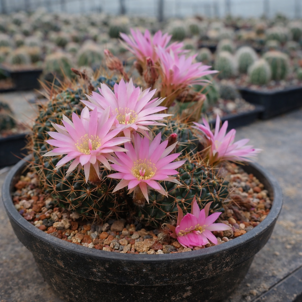 กระบองเพชร โลบิเวีย ไรท์เทียนา พร้อมดอกสีชมพูและหนาม ในกระถางสีดำ