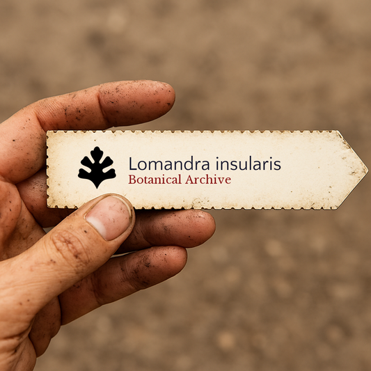 Printed plant label for Lomandra insularis held by dirty hand outdoors