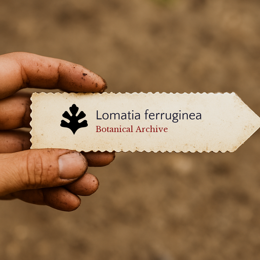 Printed plant label for Lomatia ferruginea held by dirty hand outdoors