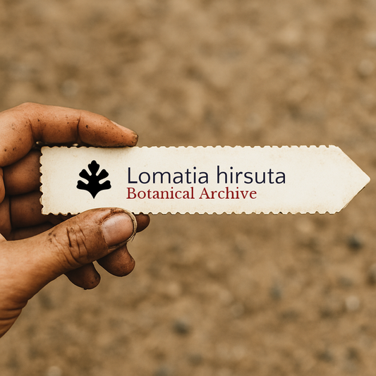 Printed plant label for Lomatia hirsuta held by hand with soil background