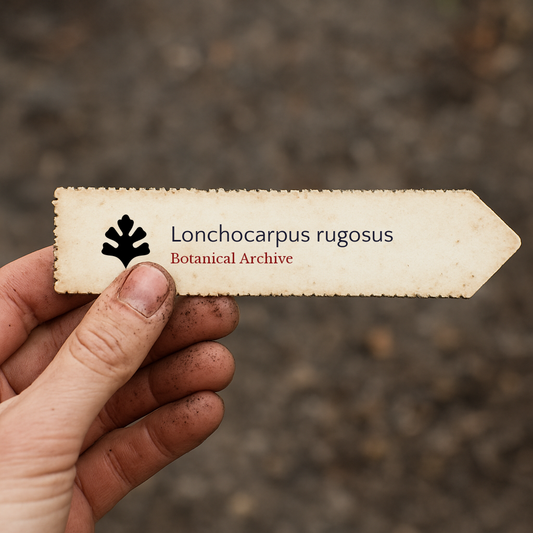 Printed plant label for Lonchocarpus rugosus held by dirty hand against soil background