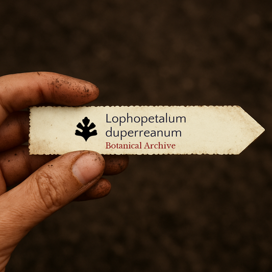 Printed plant label for Lophopetalum duperreanum held over soil background