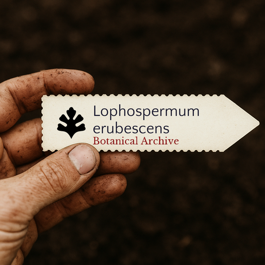 Printed plant label for Lophospermum erubescens held by dirty hand over soil background