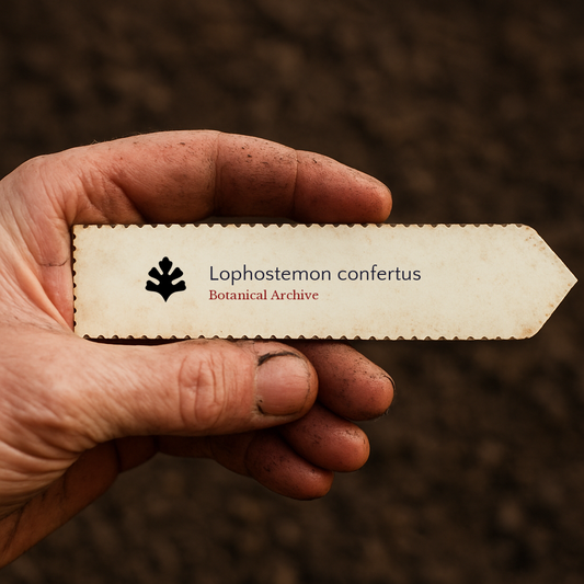 Printed plant label for Lophostemon confertus held by dirty hand over soil background