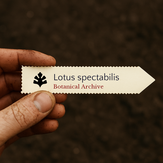 Printed plant label for Lotus spectabilis held by hand over soil background
