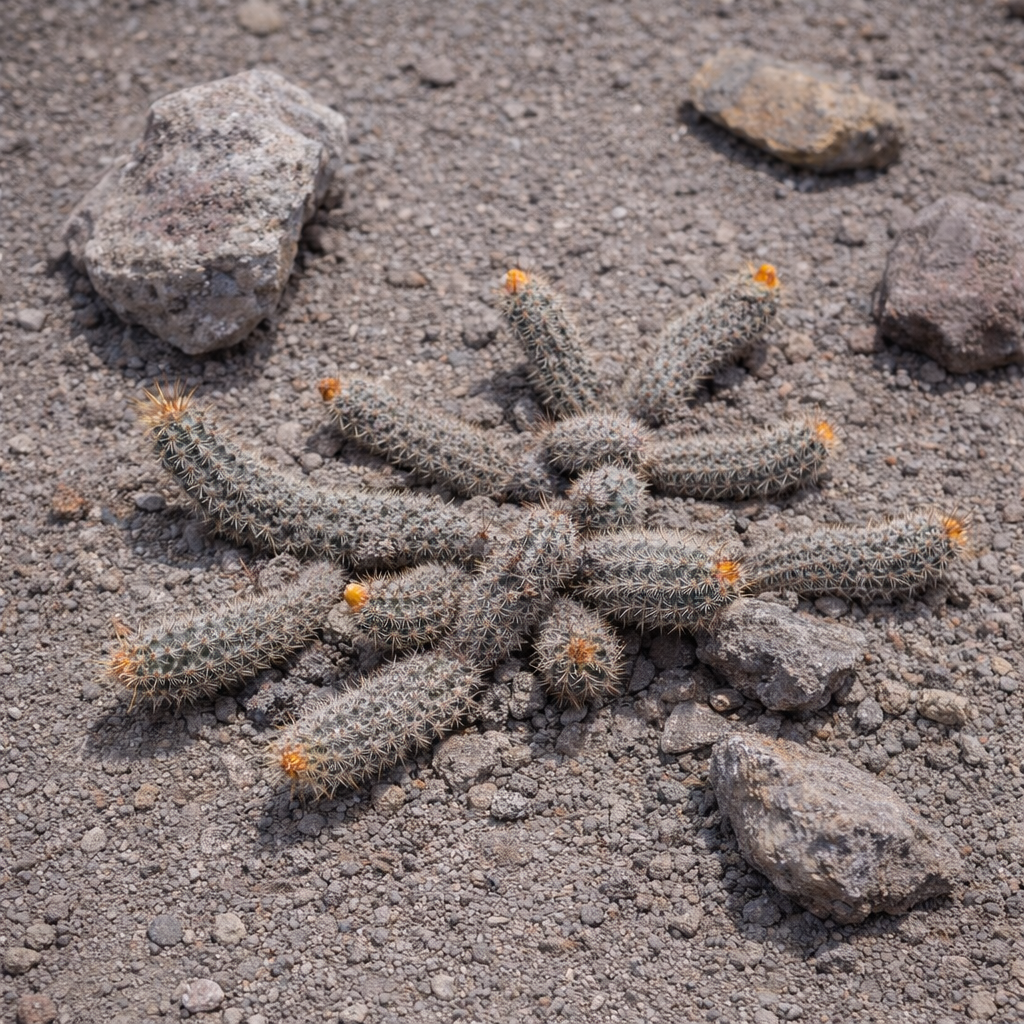 Loxanthocereus eulalianus cactus rare avec des tiges épineuses allongées et de petits boutons floraux orange