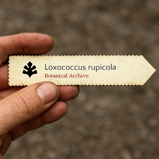 Printed plant label for Loxococcus rupicola held by hand with dirt background