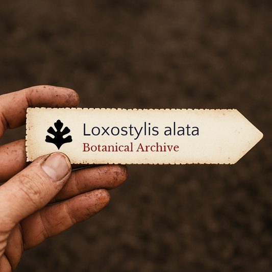 Printed plant label for Loxostylis alata held by hand with soil background