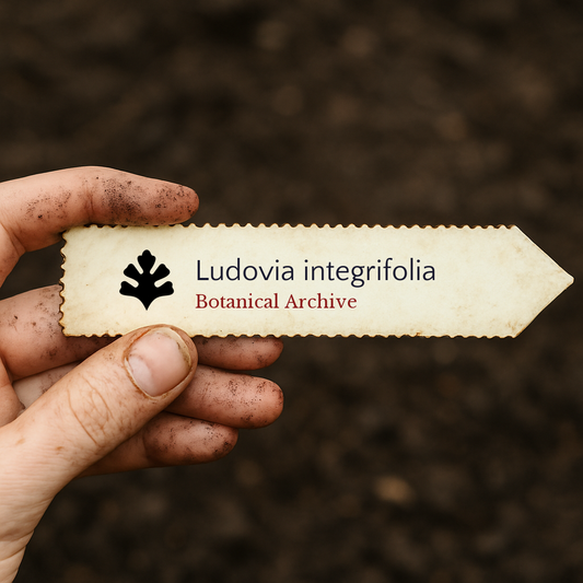Printed plant label for Ludovia integrifolia with botanical archive logo held over soil background