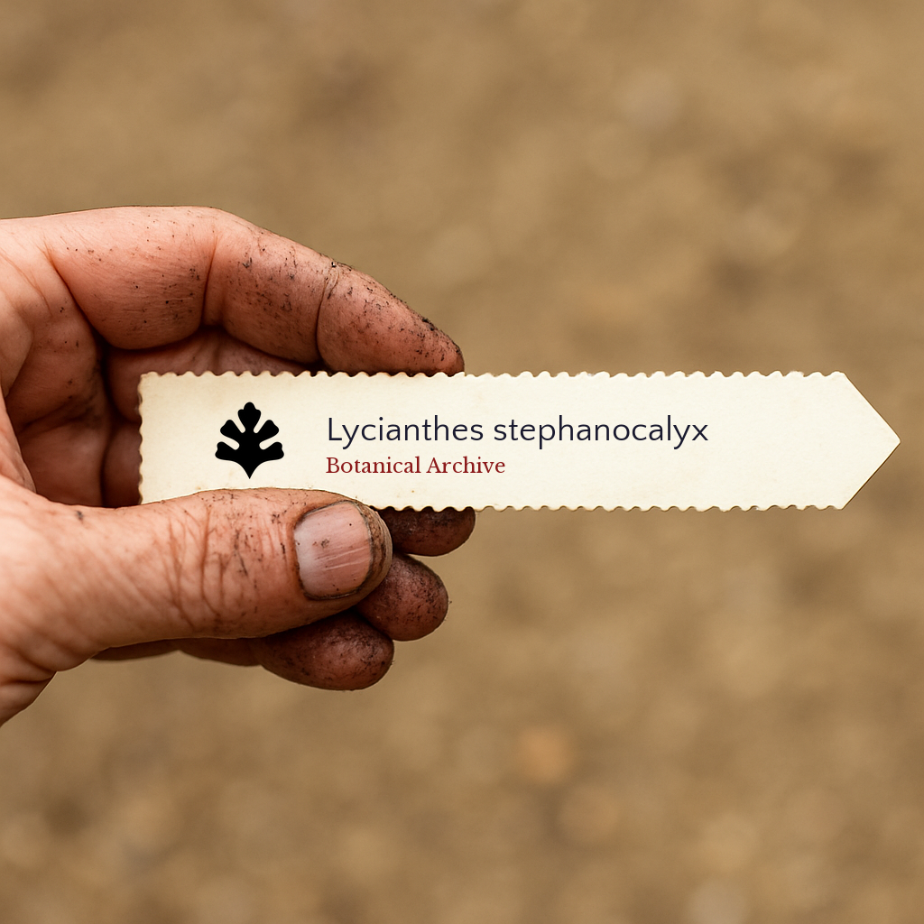 Bedrucktes Pflanzenetikett für Lycianthes stephanocalyx, gehalten von einer schmutzigen Hand vor einem Erd-Hintergrund