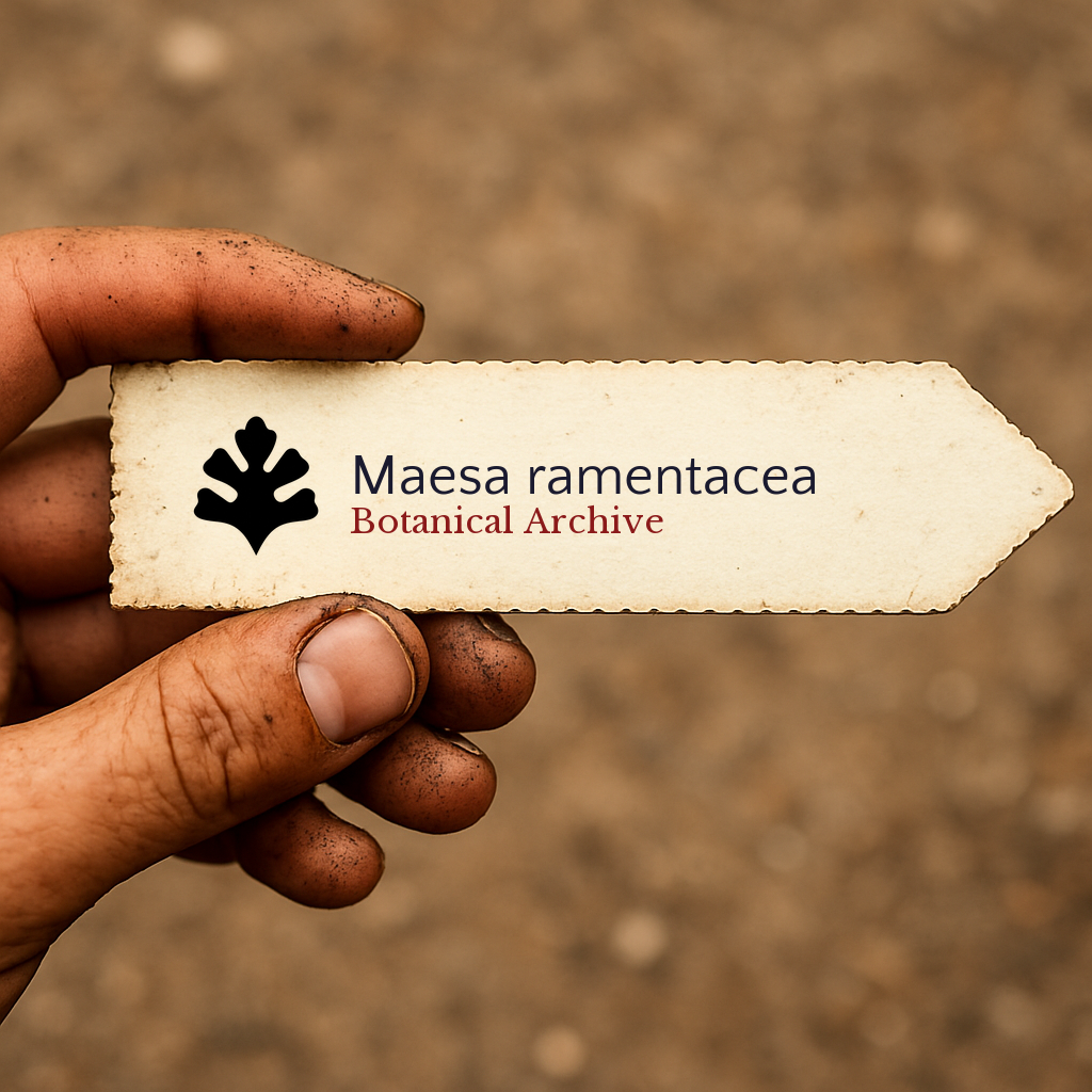Printed plant label for Maesa ramentacea held by dirty hand outdoors