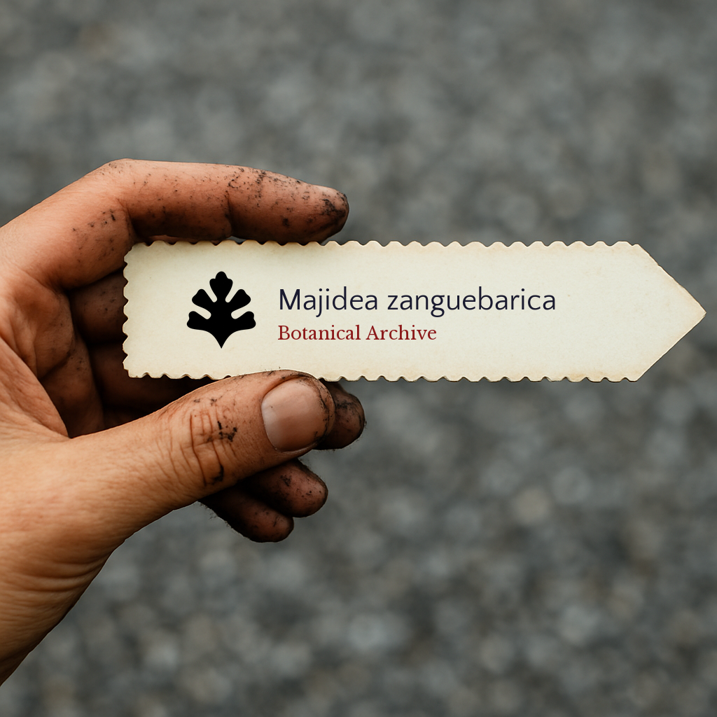 Printed plant label for Majidea zanguebarica with botanical archive logo held by dirty hand