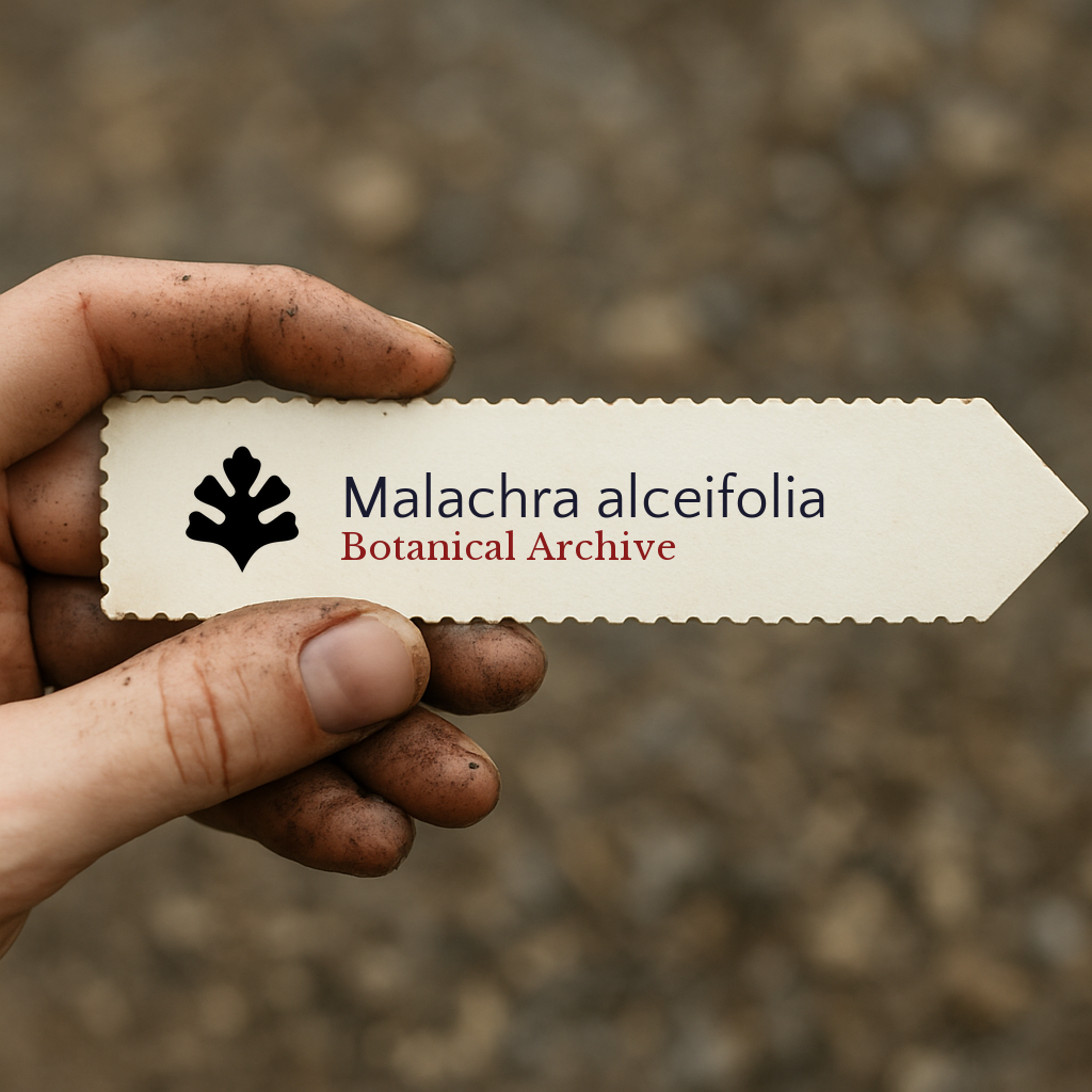 Printed plant label for Malachra alceifolia held by dirty hand with blurred soil background