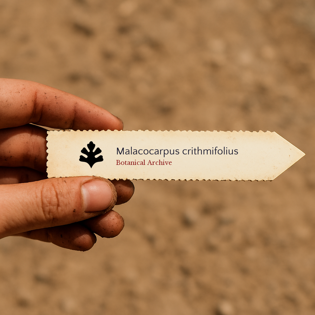 Printed plant label for Malacocarpus crithmifolius held by hand with soil background