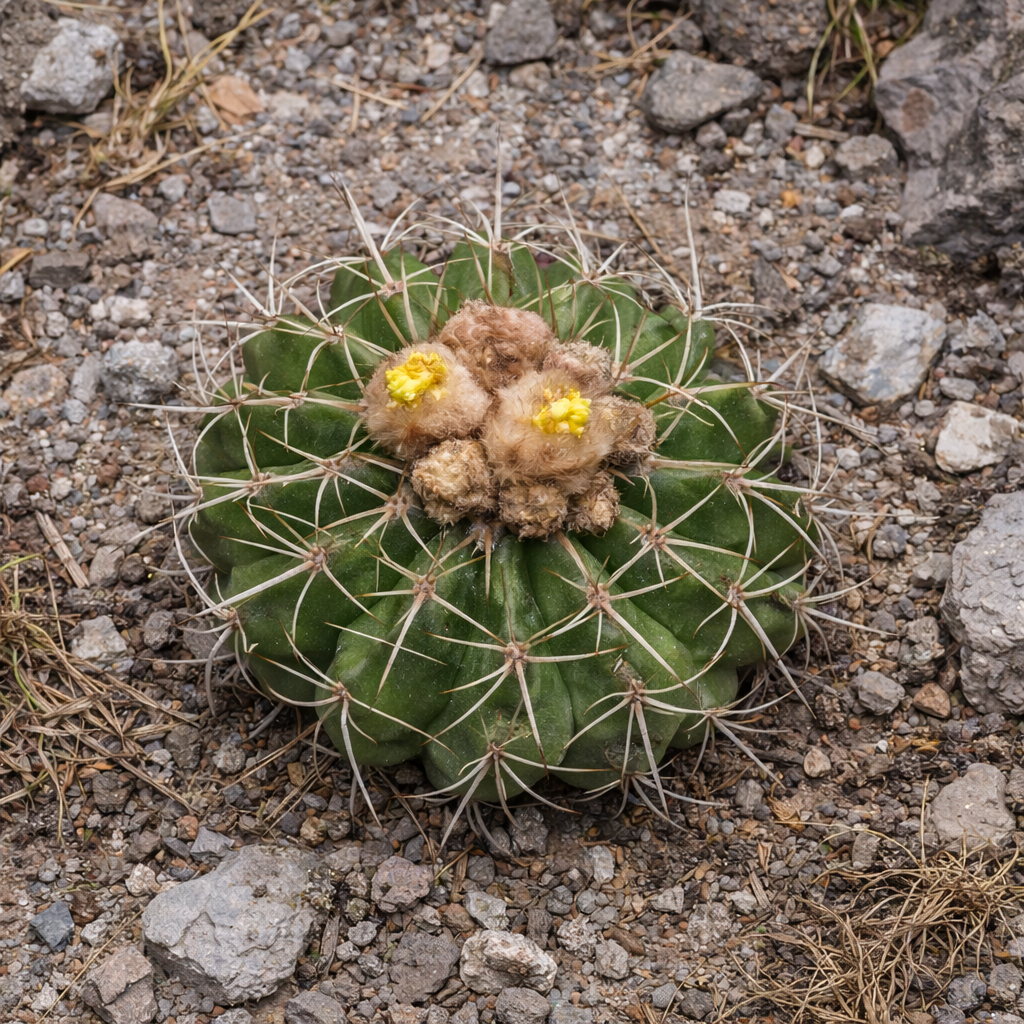 말라코카르푸스 에리네아세아 희귀한 둥근 선인장, 노란 꽃과 긴 가시가 바위 토양 위에 자랍니다