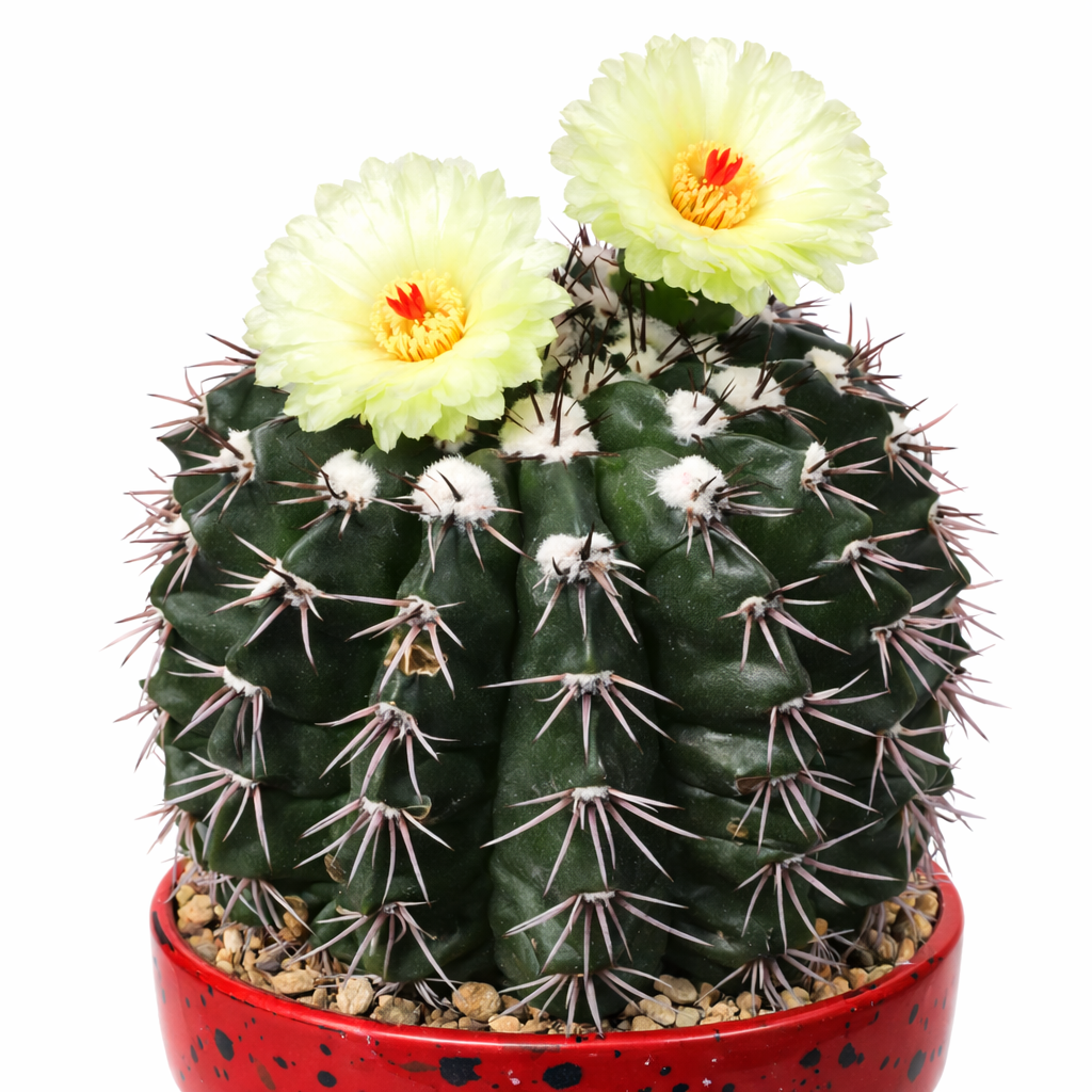 말라코카르푸스 테프라칸타 짙은 초록색 선인장, 뾰족한 가시와 연한 노란색 꽃이 붉은 화분에 있음