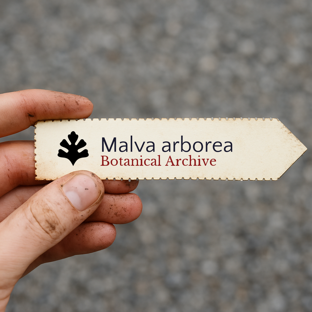 Printed plant label for Malva arborea Botanical Archive held by hand with dirt on fingers