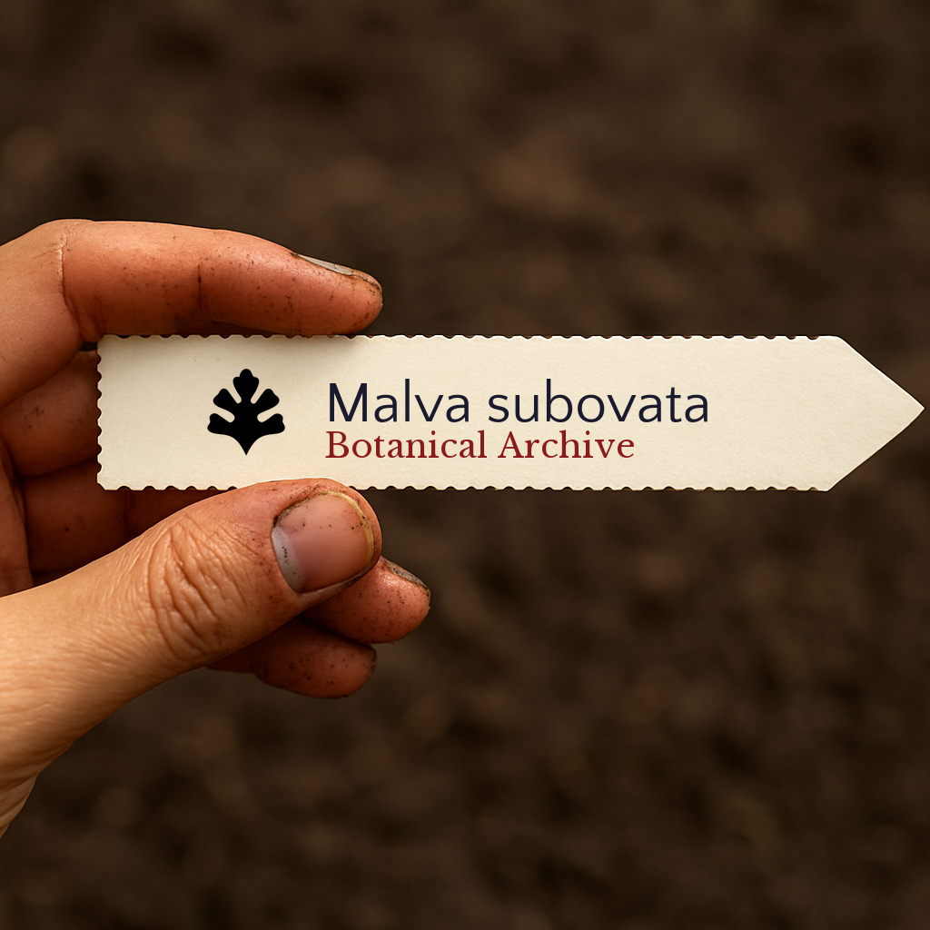 Printed plant label for Malva subovata with botanical archive logo held over soil background
