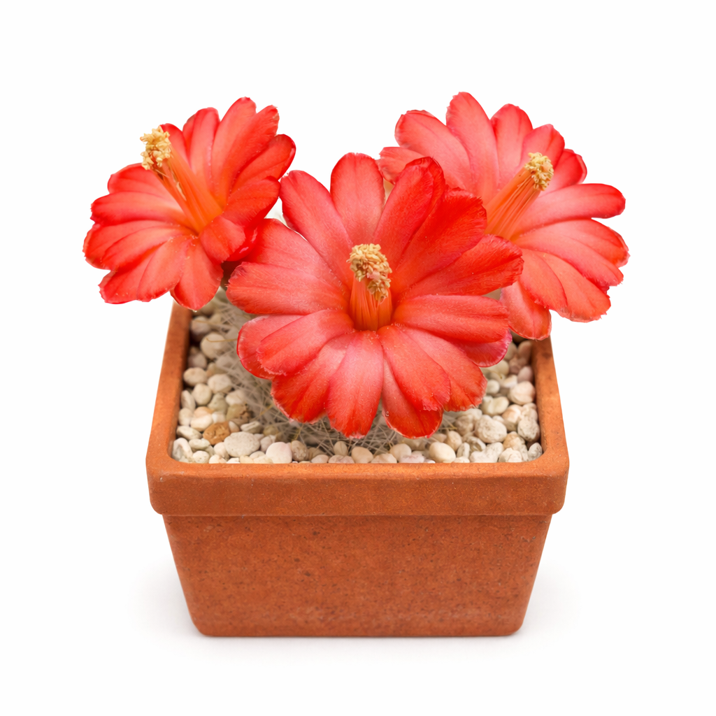 Mamillopsis diguetii-kaktus med livlige røde blomster i en terrakottakrukke