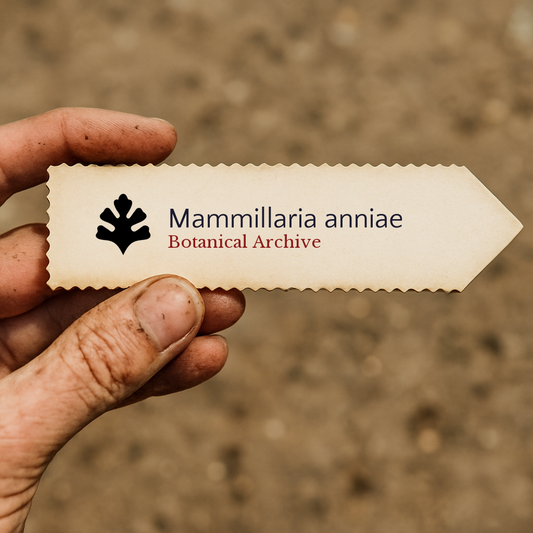 Etiqueta de planta impresa para Mammillaria anniae con logotipo de hoja negra sostenida a mano