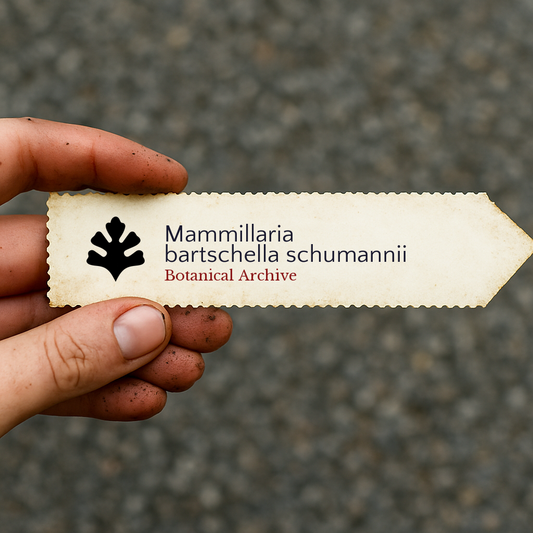 Etiqueta de planta impresa para Mammillaria bartschella schumannii sostenida por una mano sucia al aire libre