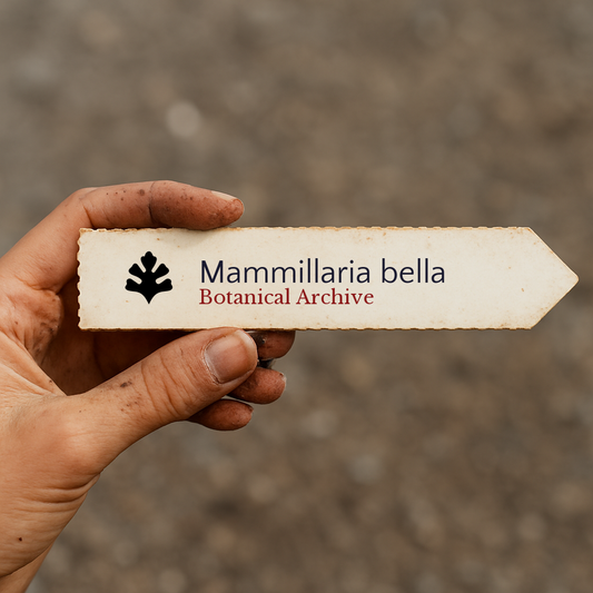 Etiqueta impresa de planta para Mammillaria bella sostenida por una mano sucia al aire libre
