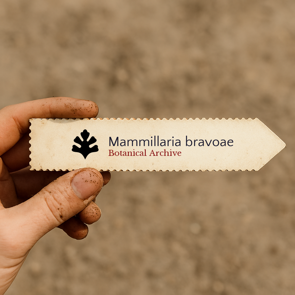 Gedrukte plantenlabel voor Mammillaria bravoae vastgehouden met de hand met een achtergrond van aarde