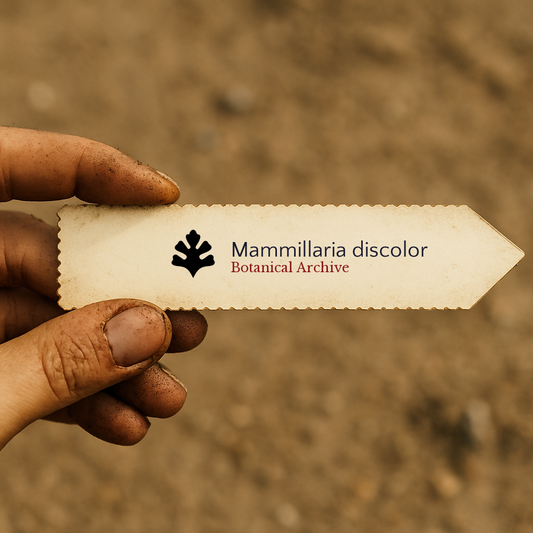 Etiqueta de planta impressa para Mammillaria discolor segurada por uma mão suja sobre fundo de terra