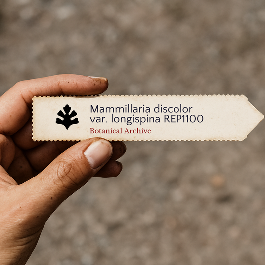 Etiqueta de planta impressa para Mammillaria discolor var. longispina segurada na mão com forma de seta