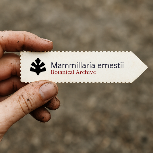 Etiqueta de planta impressa para Mammillaria ernestii segurada por mão suja ao ar livre