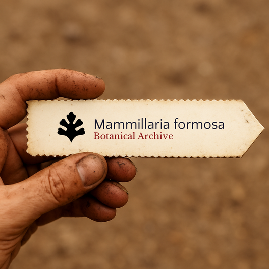 Etiqueta de planta impressa para Mammillaria formosa segurada por mão suja em fundo castanho
