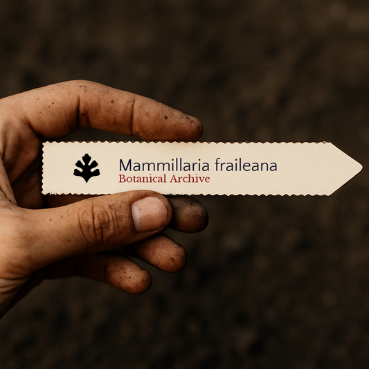 Etiqueta de planta impressa para Mammillaria fraileana segurada por mão suja sobre fundo de terra