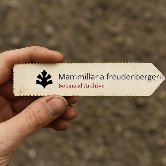 Etiqueta de planta impressa para Mammillaria freudenbergerii segurada à mão com fundo de terra