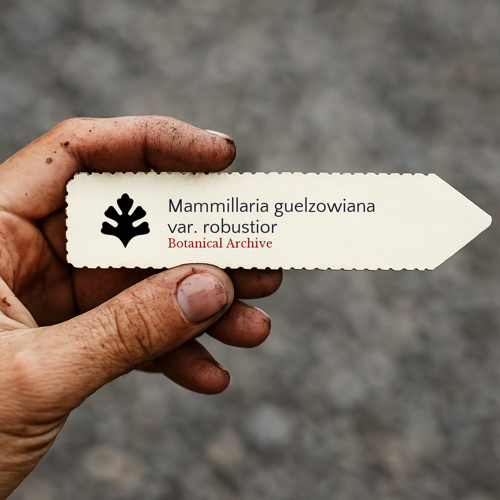 Printed plant label for Mammillaria guelzowiana var. robustior held by dirty hand