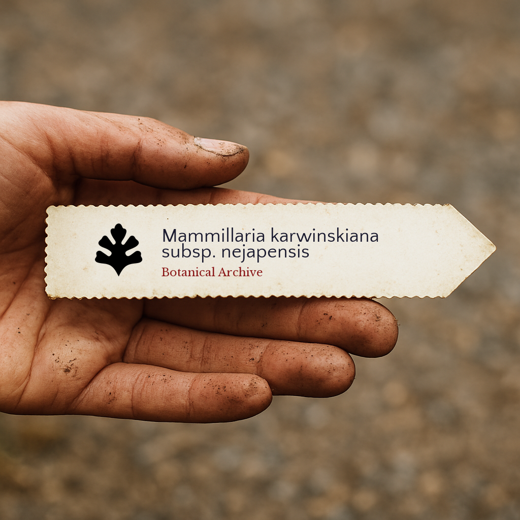 Printed plant label for Mammillaria karwinskiana subsp. nejapensis held in dirty hand outdoors