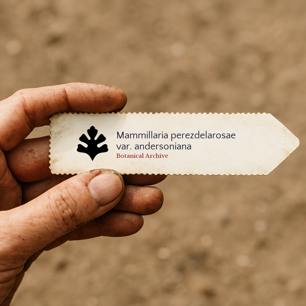 Printed plant label for Mammillaria perezdelarosae var. andersoniana held in hand