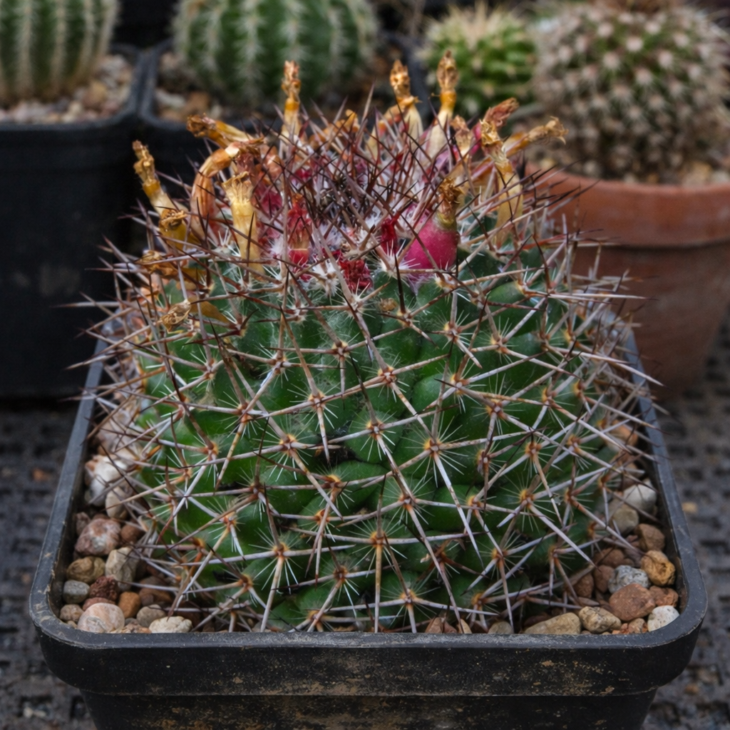 Cactus Mammillaria amoena avec des épines denses et des restes de fleurs séchées dans un pot noir