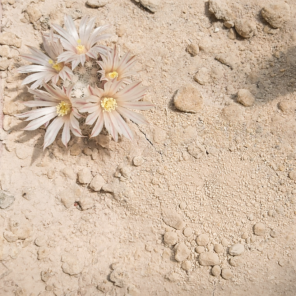 Mammillaria coahuilense small cactus with pale pink flowers and spines in sandy soil