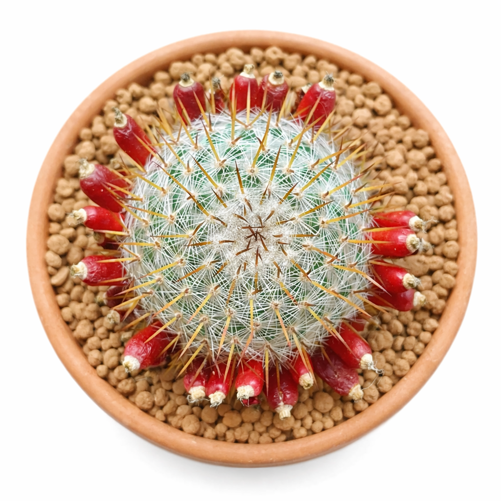 Mammillaria columbiana small round cactus with white spines and red fruit in pot