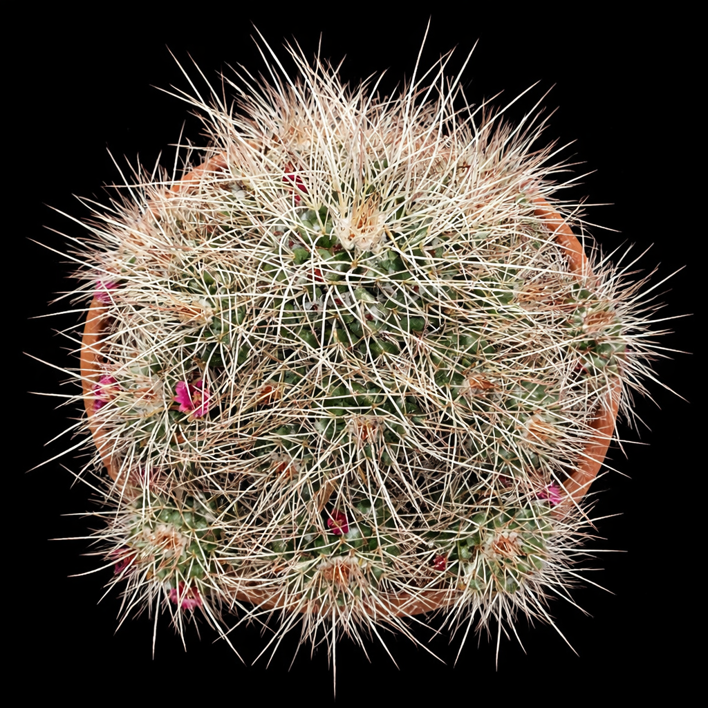 Mammillaria compressa succulent cactus with dense white spines and small pink flowers in pot