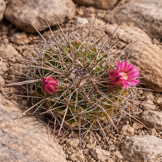 Cacto Mammillaria crassa com espinhos longos e flores rosa brilhante a crescer entre pedras